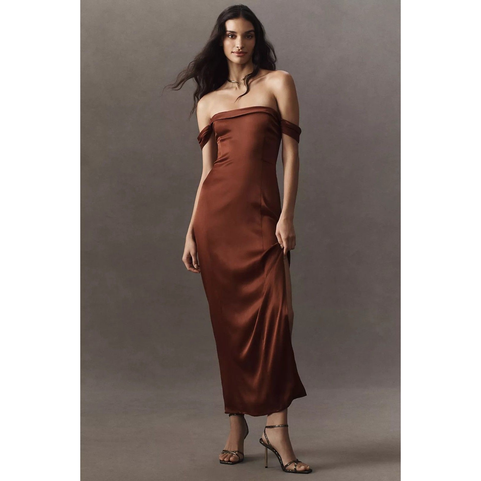 Bhldn Anthropologie Palmer Off-The-Shoulder Fitted Midi Dress Slit Us Size Xs